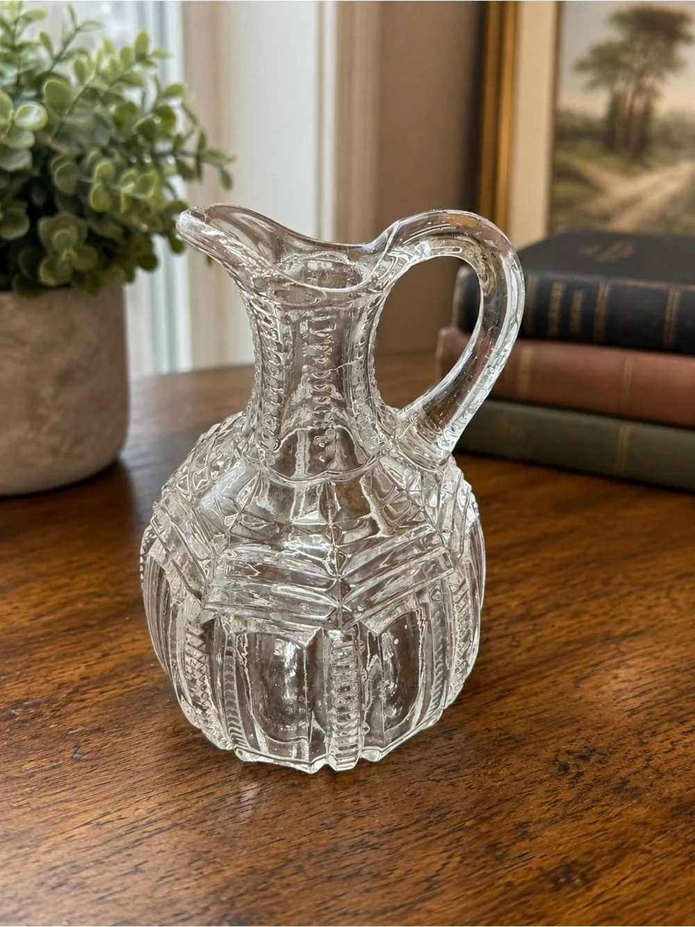 Antique EAPG Pressed Glass Pitcher Clear Heavy Cut Diamond Panel Pattern